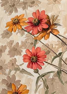 Impasto Floral Elegance in Coral and Gold