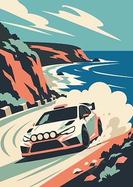 Rally Car Racing on Coastal Road