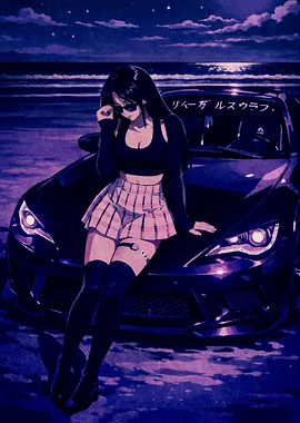 Anime Girl Posing with Sports Car at Night