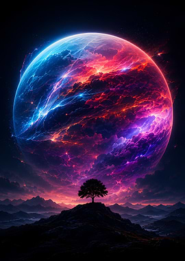 Cosmic Planet Over Tree Silhouette