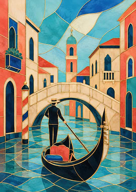 Venetian Gondolier in Stained Glass Style