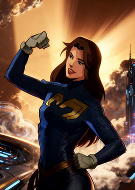 Superheroine flexing in a futuristic city