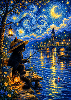 Black Cat Fishing Under Starry Night Sky