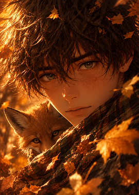 Boy and Fox in Autumn Leaves