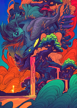Surreal Skull Landscape with Fish and Mushrooms