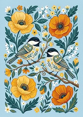 Two Birds on a Branch with Flowers
