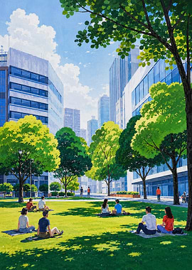People relaxing in a city park