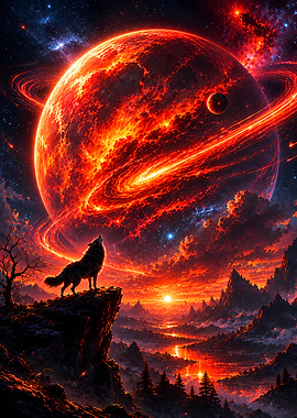 Wolf Howling at Fiery Planet