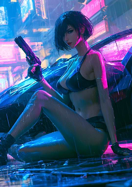 Cyberpunk Woman with Gun in Neon City