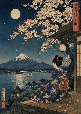 Woman Admiring Mount Fuji at Night