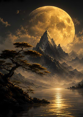 Serene Mountain Lake Under a Golden Moon
