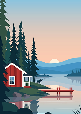 Serene Lakeside Cabin at Sunset