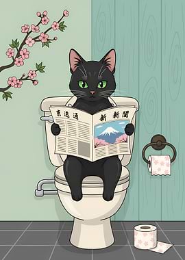Cat Reading Newspaper on Toilet