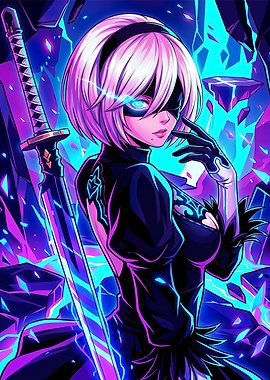 2B with Sword and Neon Background