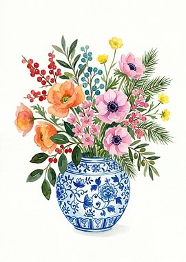 Watercolor Floral Arrangement in Blue and White Vase
