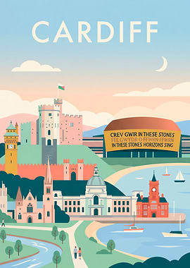 Cardiff Cityscape Vintage Poster