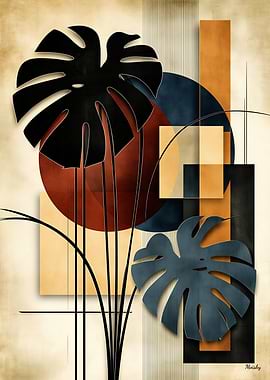 Japandi Monstera Geometry No. 03 – Modern Botanical Wall Art