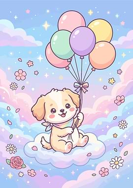 Cute Puppy with Balloons on a Cloud