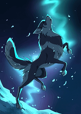 Wolf howling at the aurora