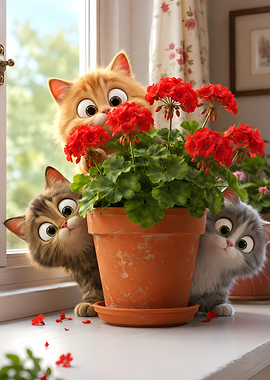 Three Curious Kittens Peeking Over Flowers
