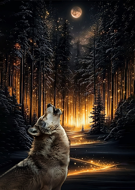 Wolf howling at the moon in a magical forest