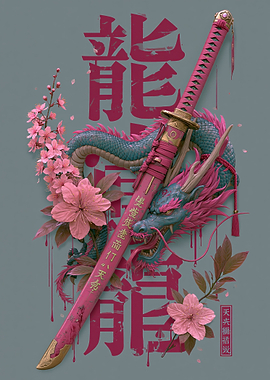 Dragon and Katana with Cherry Blossoms