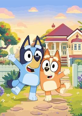 Bluey and Bingo waving hello