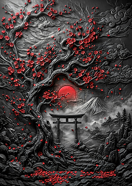 Japanese Cherry Blossom Tree and Torii Gate