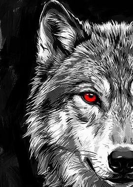 Close-up of a Wolf's Face with Red Eyes