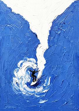 Surfer Riding a Blue Wave