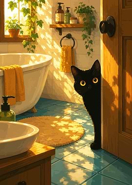 Black cat peeking in a sunlit bathroom