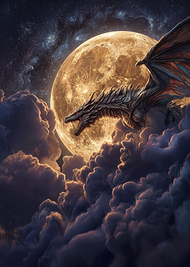 Dragon flying in front of the moon