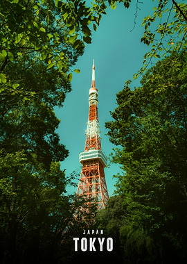 Tokyo Tower framed by trees