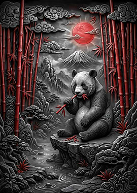 Panda eating bamboo with Mount Fuji background
