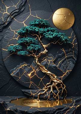 Golden Bonsai Tree with Cracked Earth
