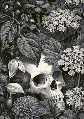 Skull surrounded by dark botanical elements