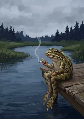 Frog Smoking on a Dock