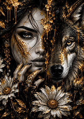 Woman and Wolf with Gold Drips