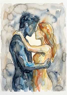 Couple Embracing in Watercolor