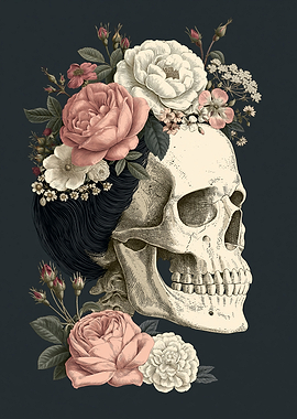 Skull adorned with roses and flowers