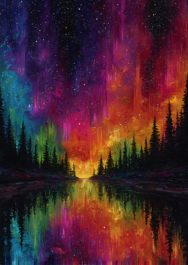 Vibrant Aurora Over Forested Lake