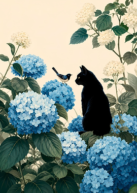 Black Cat and Bird with Hydrangeas