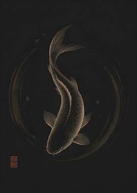 Golden Koi Fish Wall Art Print, Japanese Zen Decor, Black Gold Koi Poster, Minimalist Luxury Wall Art.