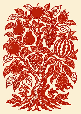 Vintage Fruit Tree Folk Art Poster Red Botanical Wall Decor