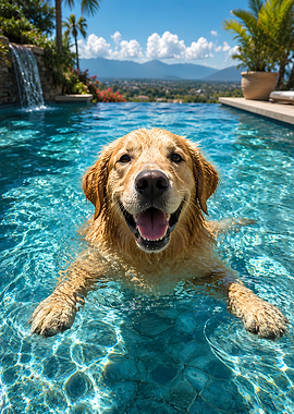 Happy Golden Retriever Swimming in Pool