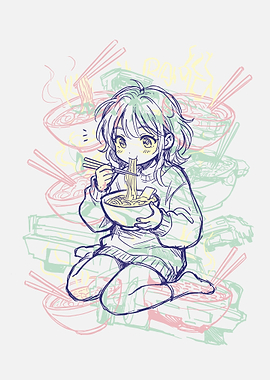 Kawaii Anime Girl Eating Ramen Sketch
