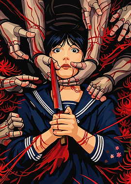 Girl with Knife and Bloody Hands