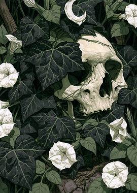 Skull Amongst Dark Green Ivy and White Flowers