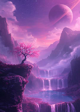 Fantasy Waterfall Landscape with Cherry Blossom Tree