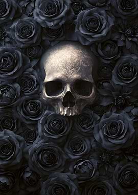 Skull surrounded by dark roses